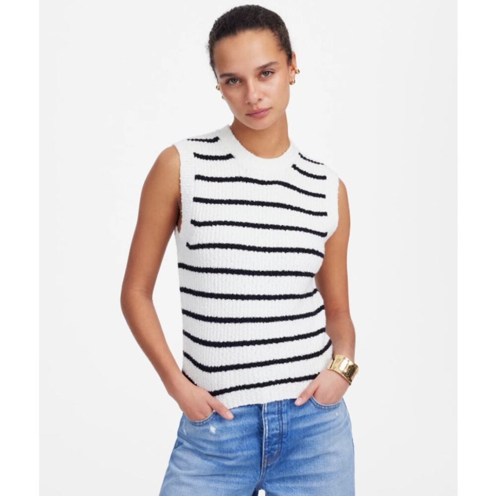 Madewell Bouclé-Knit Sweater Tank WMNS XS Cream Black Striped Crew Neck Pullover